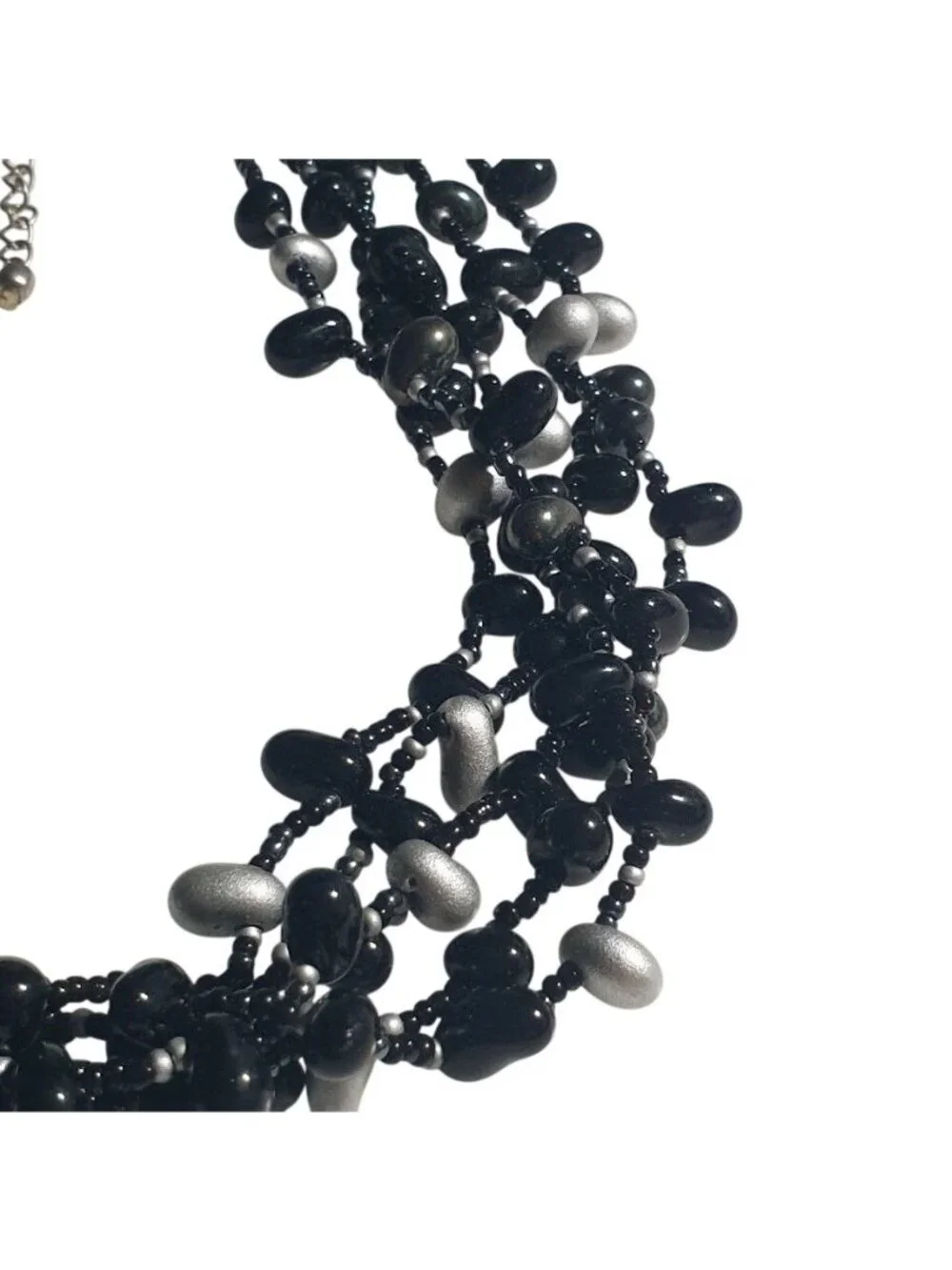 Black Silver Beaded Multistrand Necklace Layered Adjustable 16.5 In 3 In Extensi